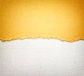 Old canvas texture background with delicate stripes pattern and orange vintage torn paper Royalty Free Stock Photo