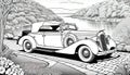 Old car antique convertible black white line drawing