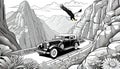 Old car antique touring car drive steep mountain cliffs eagle flying