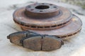 Old car brake pads with brake discs at shallow depth of field Royalty Free Stock Photo
