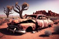 Old car in the desert of Arizona, USA. 3d rendering Royalty Free Stock Photo