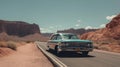 An old car driving down a desert road. AI generative image. Royalty Free Stock Photo