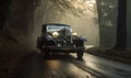 an old car driving down a road in the foggy forest with trees on both sides of the road and fog on the road behind it Royalty Free Stock Photo