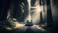 Old car driving on the road in the forest with fog and sunlight, Generative AI Royalty Free Stock Photo
