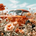 an old car in a field of orange roses