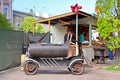 Old car in food cout on sale of meal and drink, located in Fan Zone of the international Eurovision Song Contest 2017 Royalty Free Stock Photo