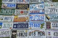 American retro car license and number plates of different states on exhibition
