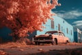 an old car is parked in front of a blue building Royalty Free Stock Photo