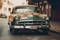 An old car is parked on the side of the road. AI generative image. Royalty Free Stock Photo