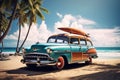 An old car parked on a tropical beach with a canoe on the roof Royalty Free Stock Photo