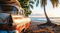 An old car parked on a tropical beach with a canoe on the roof Royalty Free Stock Photo