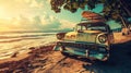 An old car parked on a tropical beach with a canoe on the roof Royalty Free Stock Photo