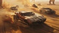 Old car race in desert at post apocalypses, vintage iron vehicle drive fast like fantasy movie. Concept of dystopia, speed,