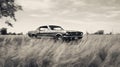 Monochromatic Minimalist Portrait Of An Old Mustang Car In A Grassy Field