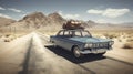 Vintage Car With Suitcase Driving on Desert Road