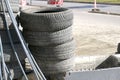 Old car tires from tire repair shop, car tire tires for recycling