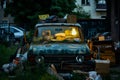 An old car turned into a temporary home. Homelessness, houselessness concept, house for homeless person, houseless Royalty Free Stock Photo