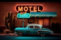 Old car and vintage motel building illuminated at night ,generative AI