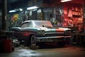 Old car in a workshop. Retro car in the garage at night, car in auto repair shop, AI Generated