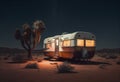 Old caravan in the desert wilderness. ObÃÂ³, overnight accommodation, simple apartment. Freedom and independence concept. Ai
