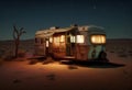 Old caravan in the desert wilderness. , overnight accommodation, simple apartment. Freedom and independence concept. Ai generative Royalty Free Stock Photo