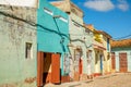 Old Caribbean colorful houses, across the street in the center Trinidad, Cuba Royalty Free Stock Photo