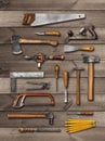 Old carpenter DIY hand tools on wood Royalty Free Stock Photo