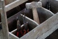 Old carpenter tools box on wooden background Royalty Free Stock Photo