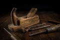 Old carpentry tools on a wooden table Royalty Free Stock Photo