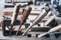 Old carpentry tools in a wooden workshop Royalty Free Stock Photo