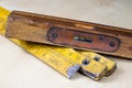 Old carpentry tools in a workshop. Spirit level in a wooden case Royalty Free Stock Photo