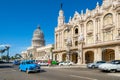 Old cars next to the Great Theater of Havana and the Capitol Royalty Free Stock Photo