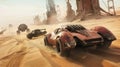 Old cars race at post apocalypses, view of vintage iron vehicles and futuristic buildings in desert like fantasy movie. Concept of