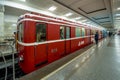 Old cars of the subway train in Moscow at the exhibition retro
