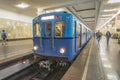 Old cars of the subway train in Moscow at the exhibition retro