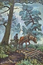 Old cart with a coachman and one modern horse on a forest road. Royalty Free Stock Photo