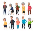 Old cartoon seniors. Aged people, wrinkled senior grandfather and walking grandmother with gray hair isolated illustration set