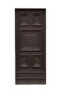 Old carved brown wooden door isolated on white background, surface. House or building exterior detail and decoration. Old and retr Royalty Free Stock Photo