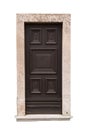 Old carved brown wooden door isolated on white background, surface. House or building exterior detail and decoration. Old and retr Royalty Free Stock Photo