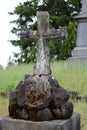 Old carved crosses set among other headstones and green grass, Greenridge Cemetery,Saratoga Springs, New York, 2018