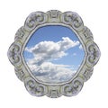 Old carved stone frame with the sky in the middle on white background for easy selection.