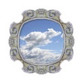 Old carved stone frame with the sky in the middle on white background for easy selection.