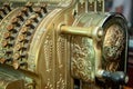 Old Cash Register in close up shot. Green National Cash Register with numbers and details. Royalty Free Stock Photo