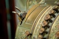 Old Cash Register in close up shot. Green National Cash Register with numbers and details. Royalty Free Stock Photo