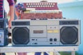 Old cassette recorder of silver color on table Royalty Free Stock Photo