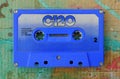 Old audio cassette tape form the seventies on grungy background,flat lay, copy space