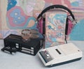 old cassette tape recorder and vintage hadphone seventies still life. Vintage film look colors Royalty Free Stock Photo