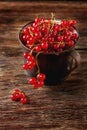 Old cast iron black cup full fresh ripe red currant Royalty Free Stock Photo