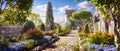 Old castle and beautiful flower garden in summer, panoramic view of medieval mansion, path and green plants. Concept of house, Royalty Free Stock Photo