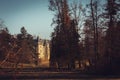 Old castle with a beautiful spring park in Goluchow, Poland. Travel in Europe. Historical monument. Royalty Free Stock Photo